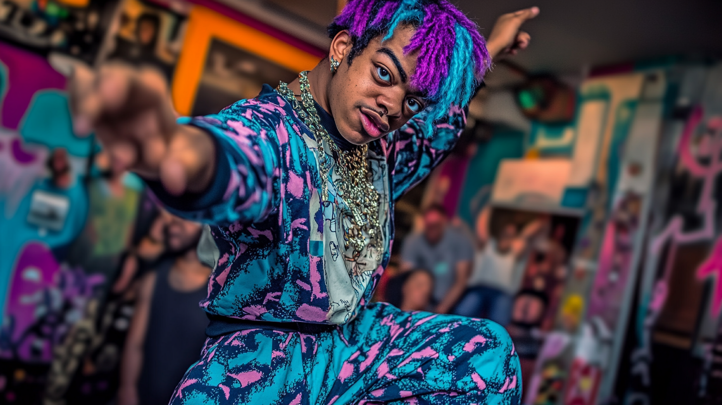 A non-binary Black person dancing on stage at an open mic night.