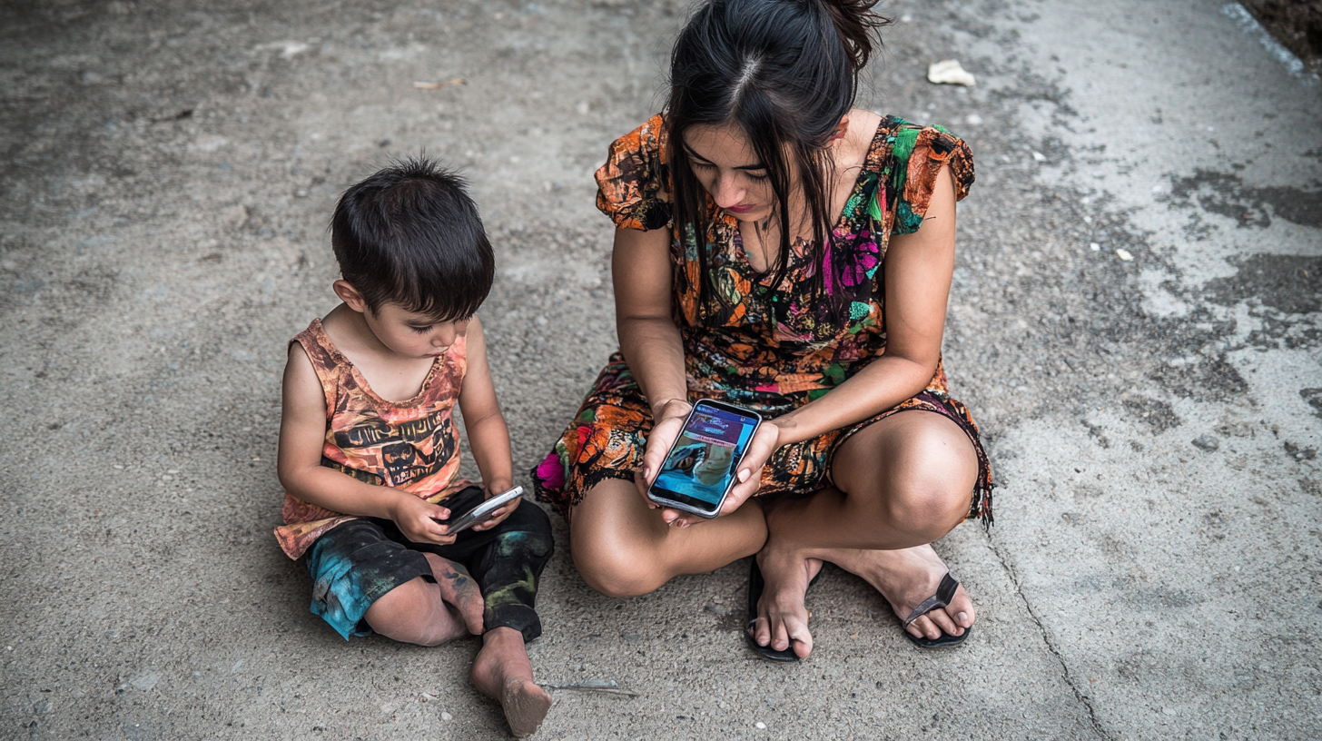 A young Guatemalan woman sitting on a bench with her child using an older smartphone.