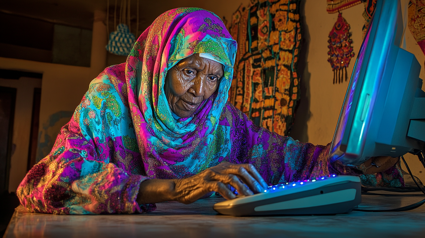 A Somali woman wearing a colorful scarf browsing the internet on an old desktop computer.