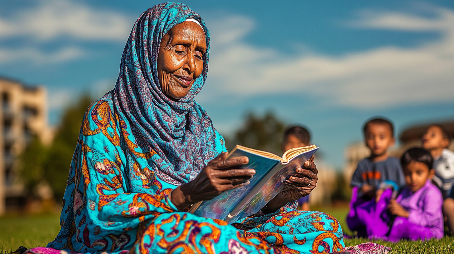 A Somali woman reading to children in a park.