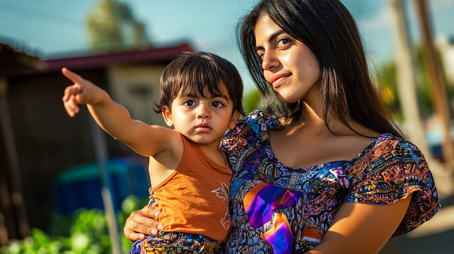 A Guatemalan woman showing her child plants in a garden.